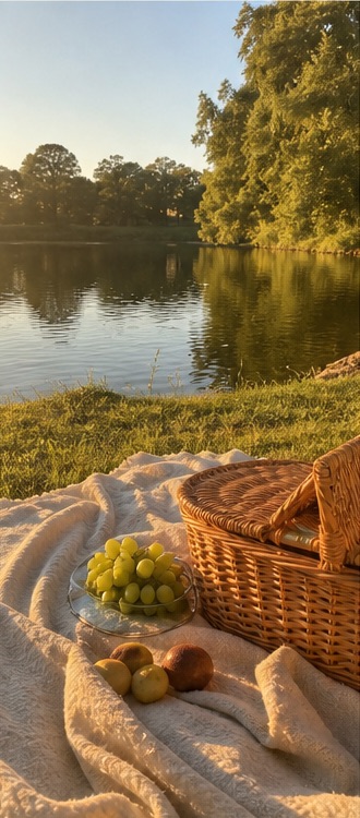 A picnic by the lake in the late afternoon sun